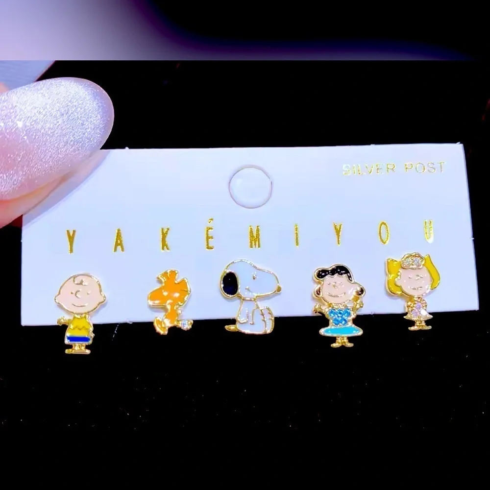 14K Gold Peanuts Gang Snoopy Enameled Theme Earrings Mismatched Set